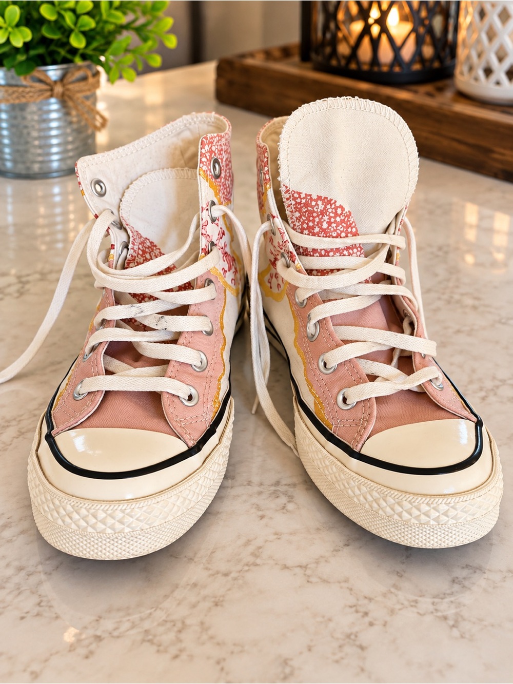 Canvas High-Top Sneakers in Pink & Cream with Floral Trim
